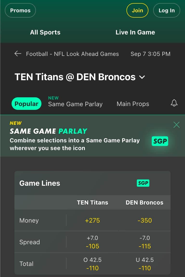 Bet365 Tennessee Titans vs. Denver Broncos NFL Week 1 2025-2026 lines